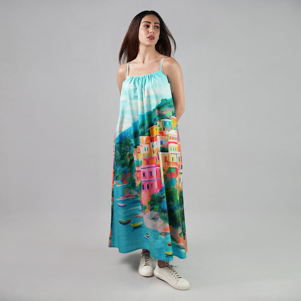 La Dolce Riviera Mediterranean Print Maxi Dress With Pockets - Multicolor-3