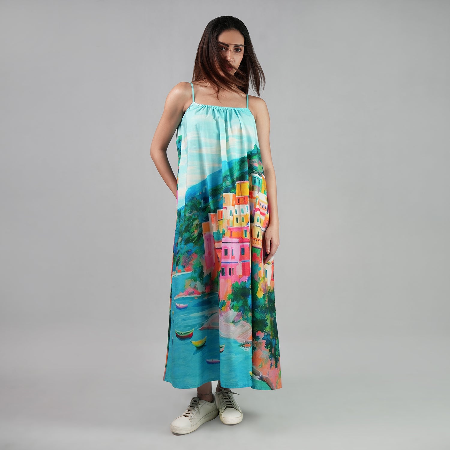 La Dolce Riviera Mediterranean Print Maxi Dress With Pockets - Multicolor-4