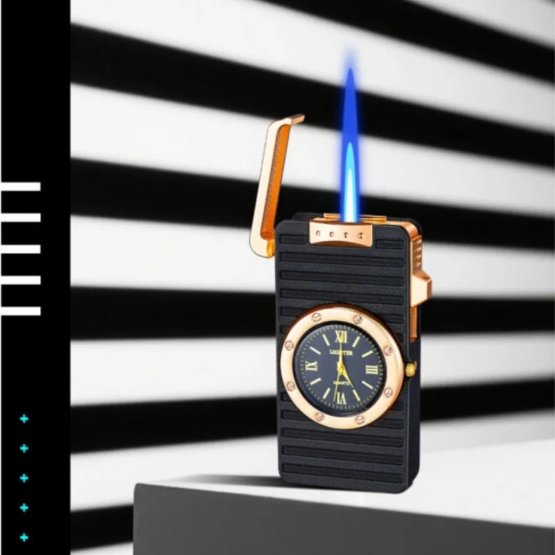 New metal watch inflatable lighter windproof jet flame band embossed quartz dial portable lighter men's smoking gift