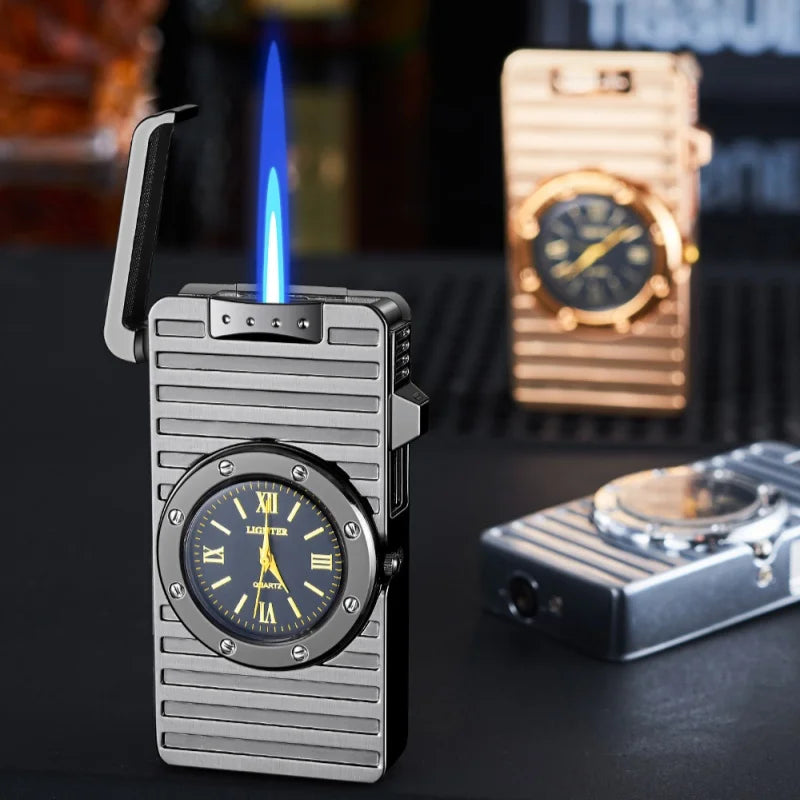 New metal watch inflatable lighter windproof jet flame band embossed quartz dial portable lighter men's smoking gift