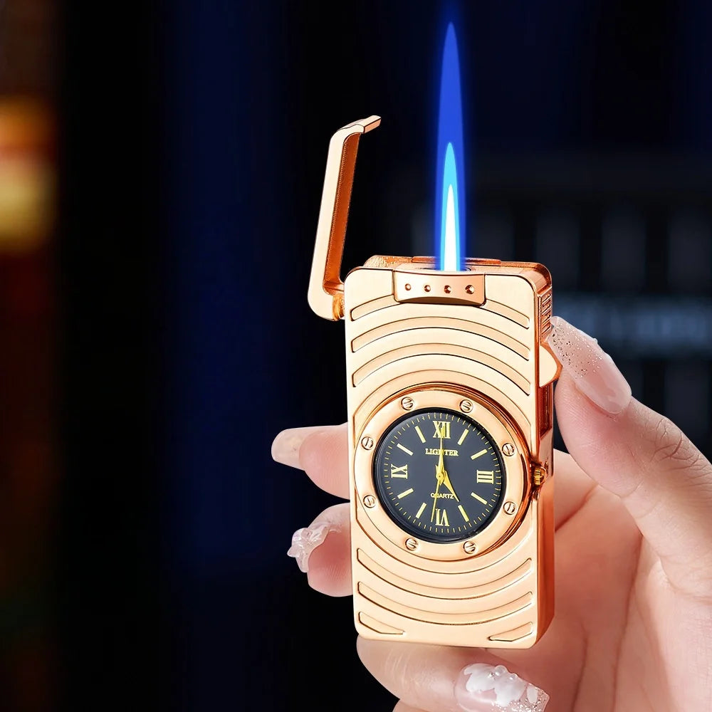 New metal watch inflatable lighter windproof jet flame band embossed quartz dial portable lighter men's smoking gift