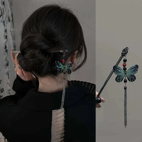 2026 New Chinese Style Butterfly Flower Tassel Hair Stick for Women Vintage Metal Hanfu Chopstick Hair Sticks Hair Accessories