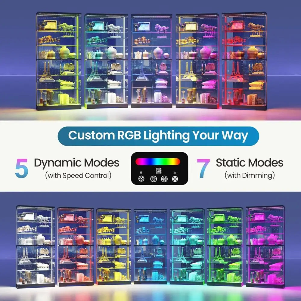 10-Tier Lockable Glass Display Cabinet with Motion Sensor RGB Lights, 71H Showcase for Collectibles, Black