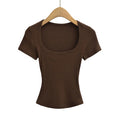 Summer square neck high elasticity crop top women's short sleeved sexy top slim fit pullover base shirt