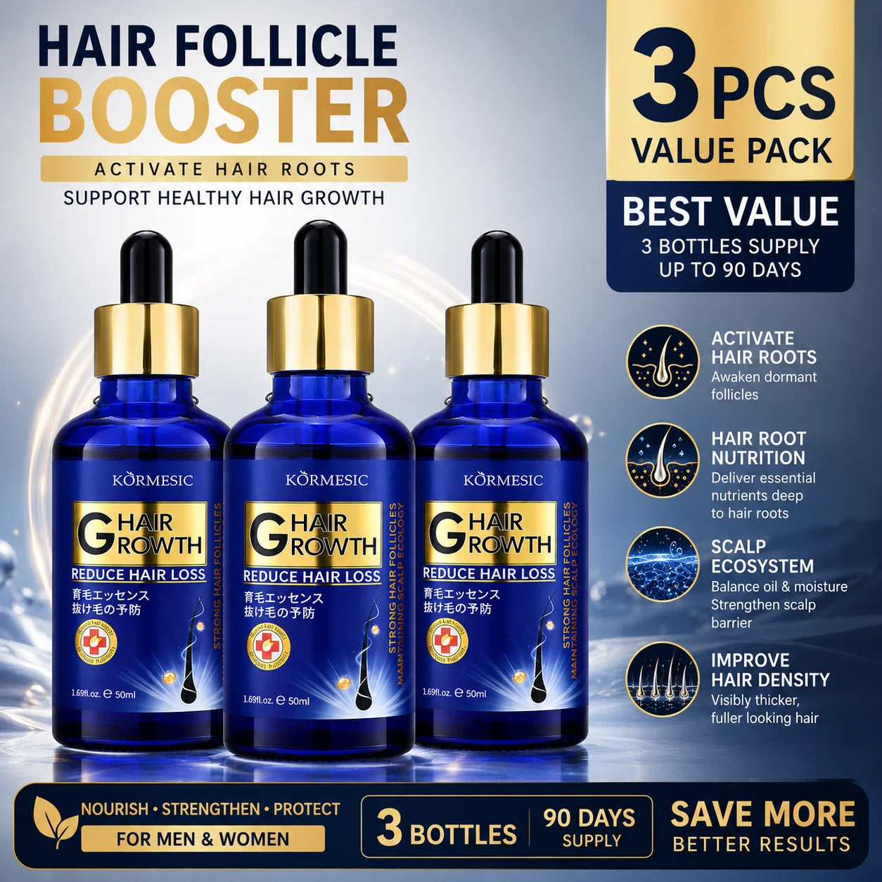 Hair Growth Serum Anti Hair Loss Treatment Follicle Activator Density Booster Scalp Root Care Oil Thinning Hair Men Women 50ml