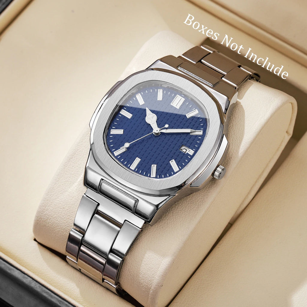 Luxury Men Business Watches Fashion Square Dial Stainless Steel Strap Quartz Watch with Calendar For Mens Clock（Without Box）
