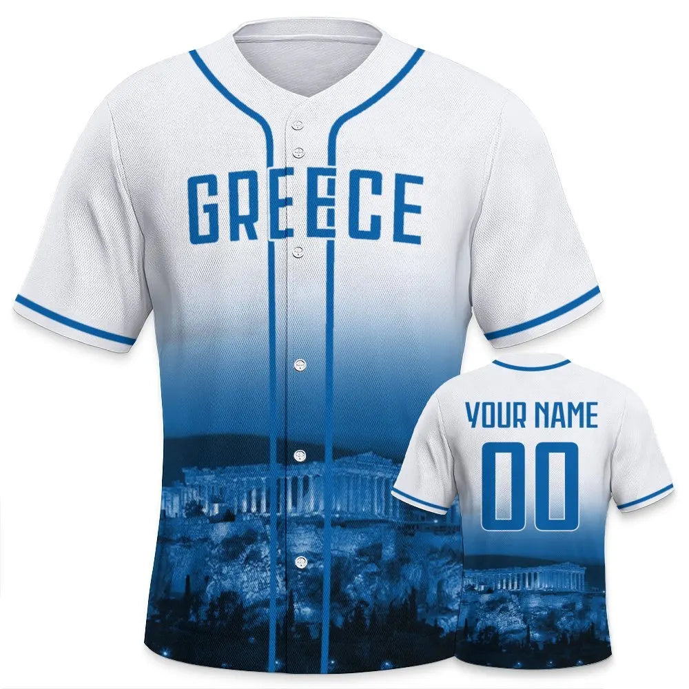 Custom Greece Baseball Jersey with City Skyline Personalized Name Number Baseball Shirt for Men Women Youth Kids