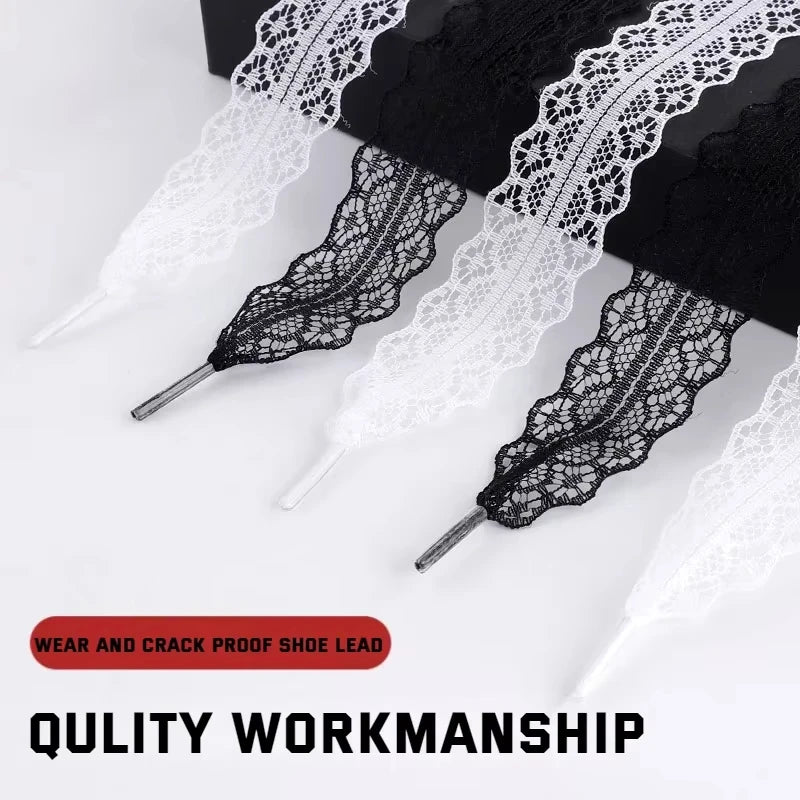 Black and white lace-woven shoelaces 2.9 cm wide decorative flat laces suitable for ballet shoes and sneakers