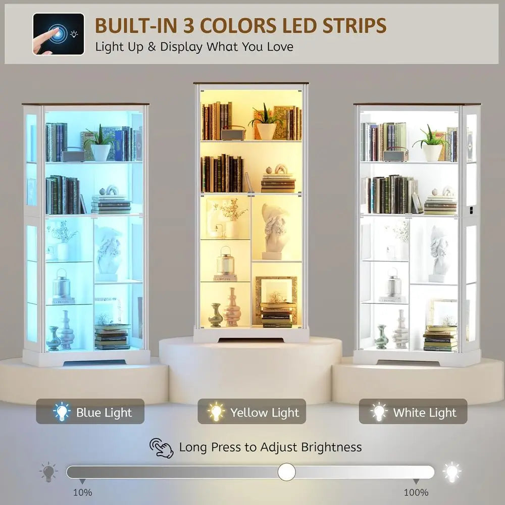7-Tier Glass Display Cabinet with Human Body Sensor, 3 Color Lights for Collectibles and Living Room (White)