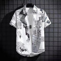 Short sleeved shirt men's thin graffiti print Hong Kong fashion clothing beach floral loose half sleeved shirt