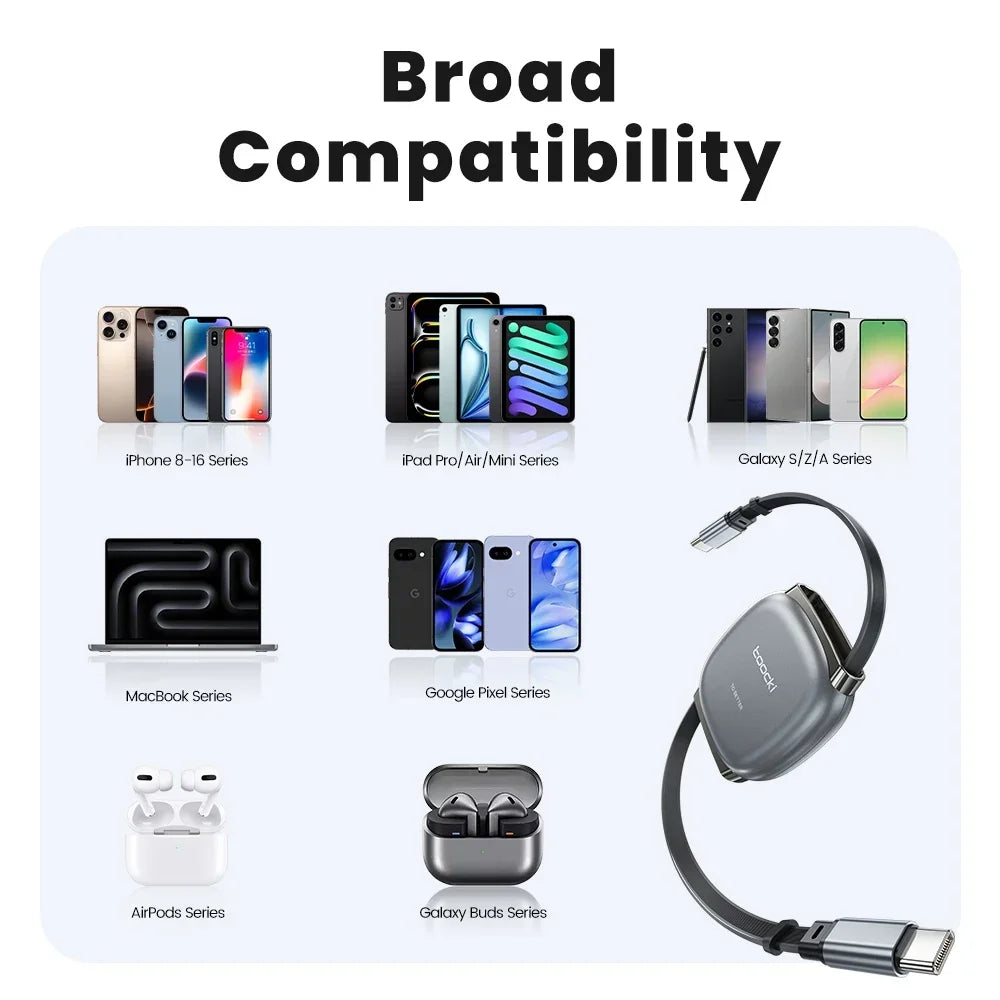 Toocki 100W Type C Retractable Cable For iphone 16 15 Pro Max Samsung Fast Charger Cable Mini Size 480Mbps Data Cable