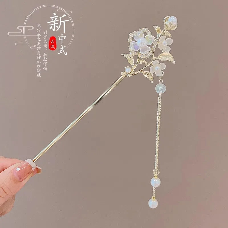 Elegant Chinese Style Hair Clip Tassel Hair Stick Traditional Floral Design Hairstyle Accessory Women Jewelry Hairpin Hairneedle