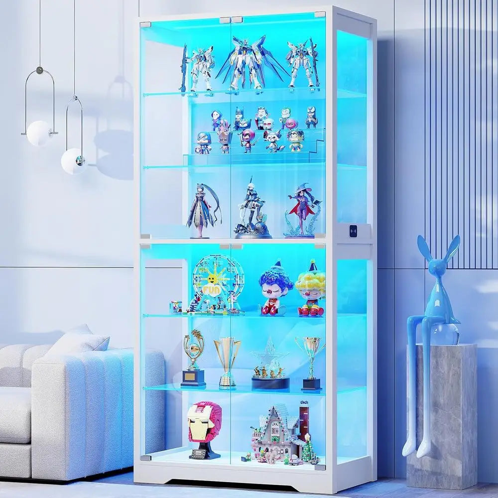 71 6-Tier Glass Door Display Cabinet with 3 Color Lights, Adjustable Shelves, Human Body Sensor, White