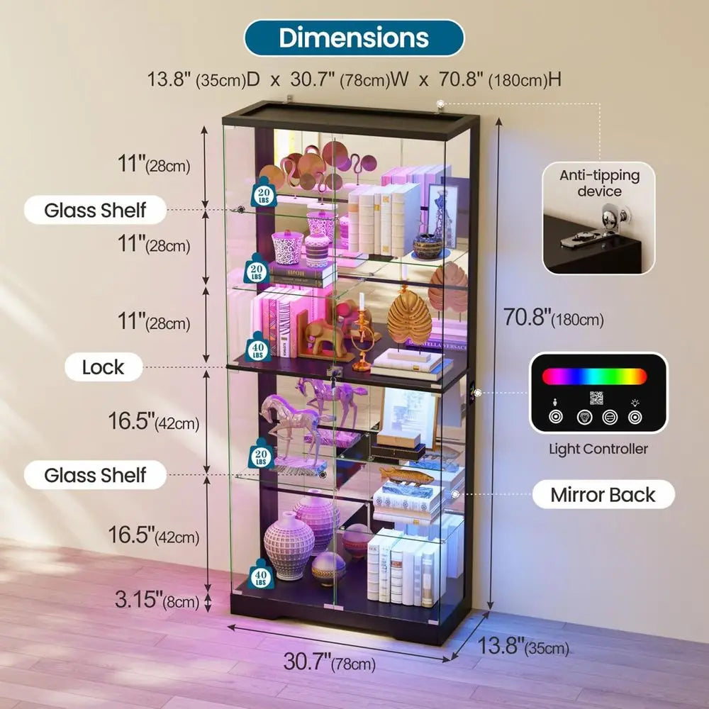 10-Tier Lockable Glass Display Cabinet with Motion Sensor RGB Lights, 71H Showcase for Collectibles, Black