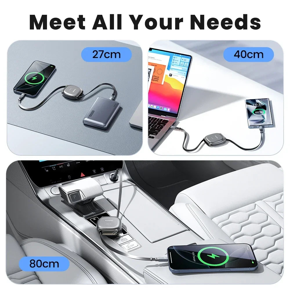 Toocki 100W Type C Retractable Cable For iphone 16 15 Pro Max Samsung Fast Charger Cable Mini Size 480Mbps Data Cable