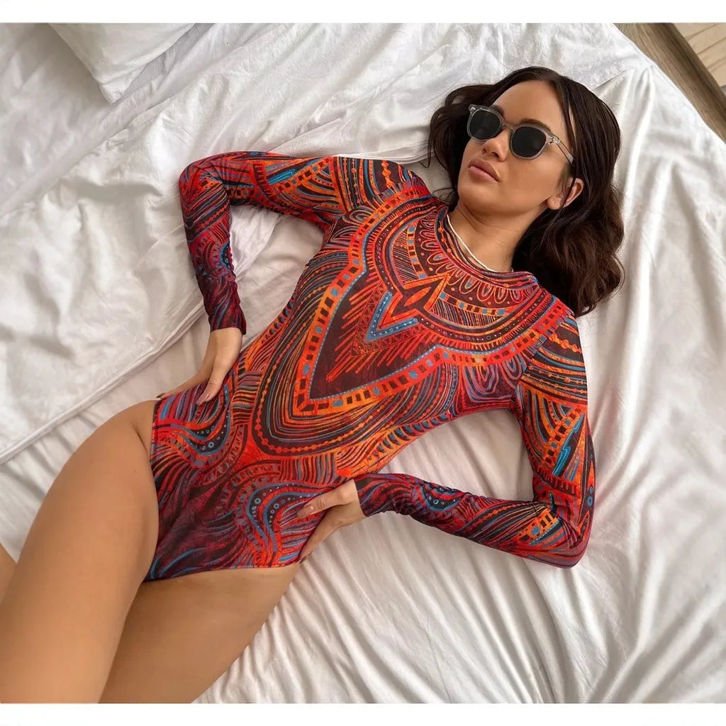 Long Sleeve Swimsuit Printed Sheer Mesh Swimwear Geometric Print Tribal Pattern Bathing Suit Red Orange High Neck Bodysuit