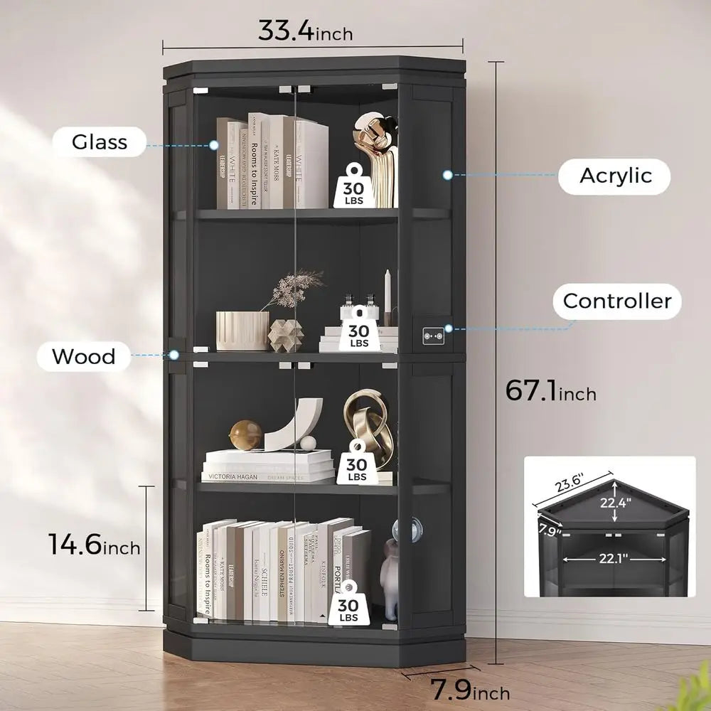 67 Tall 4-Tier Glass Display Cabinet with RGB Lights and Human Body Sensor for Living/Gaming Room, Black