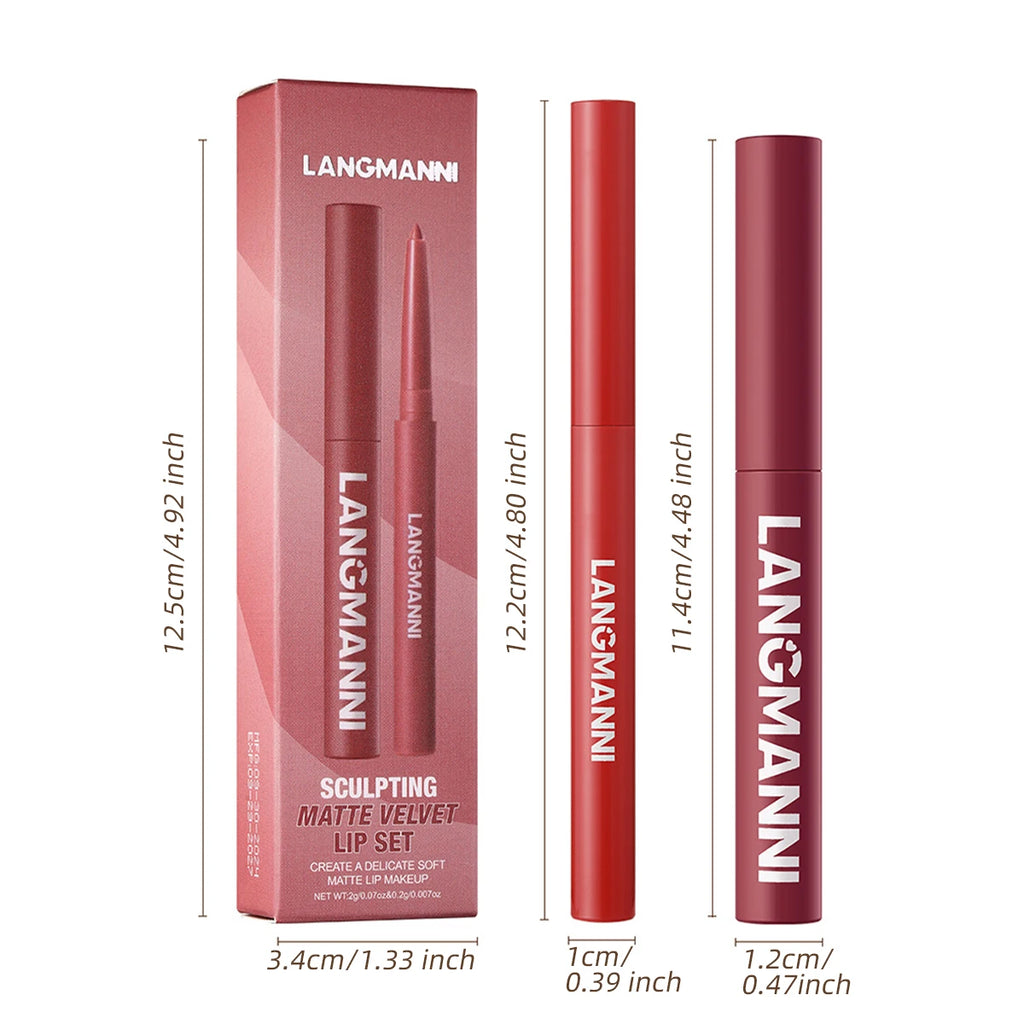 2Pcs/set Matte Soft Mist Slanted Mouth Lipstick + Lip Liner Set Combo Light Matte and Non-Drying Waterproof Non-Stick Lip Set