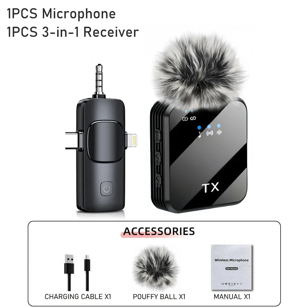Wireless Lavalier Microphone Noise Cancelling Clip On Mic Rechargeable For IOS Android Podcast Vlog Live Recording