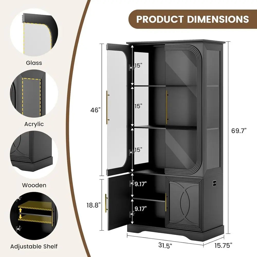 69 Tall Glass Display Cabinet with LED Lights, Storage and Pantry Solutions for Home Office | Black