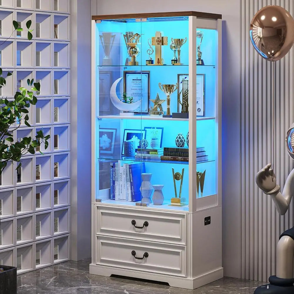67 Glass Door Adjustable Shelving Display Cabinet with 2 Drawers, 4 Tiers, LED Lights & Motion Sensor, White