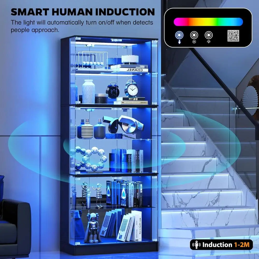 6-Tier 71 Tall Glass Curio Cabinet with RGB Lights, Adjustable Shelves, Sensor Lighting, and Mirror Backing