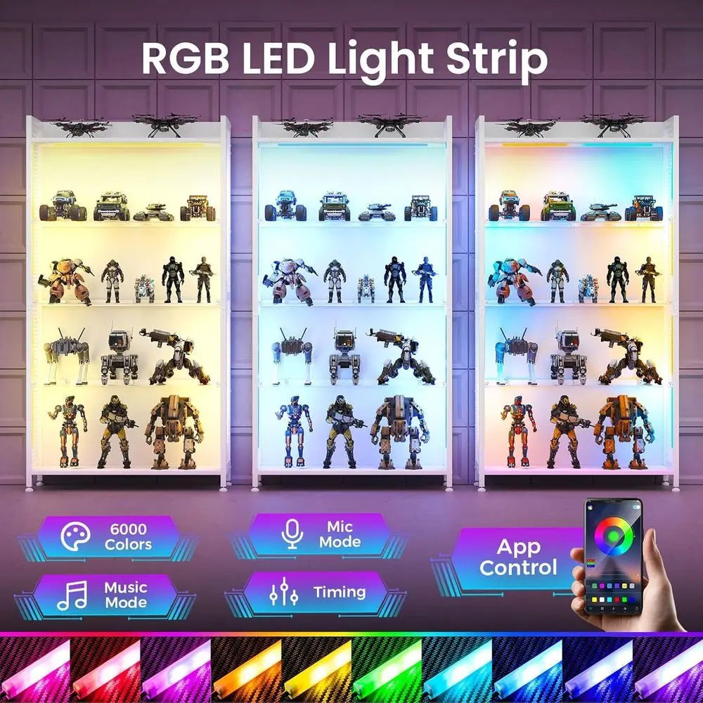 Illuminated Glass Display Cabinet with 4 Shelves for Collectibles and Books