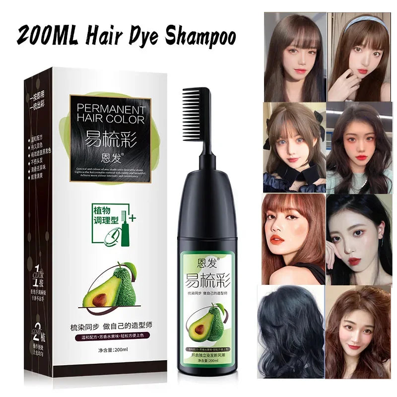 200ML Avocado Essence Hair Dye Shampoo Beauty Nourishes Long Lasting Hair Coloring Cream Care for Men Women Home Salon with Comb
