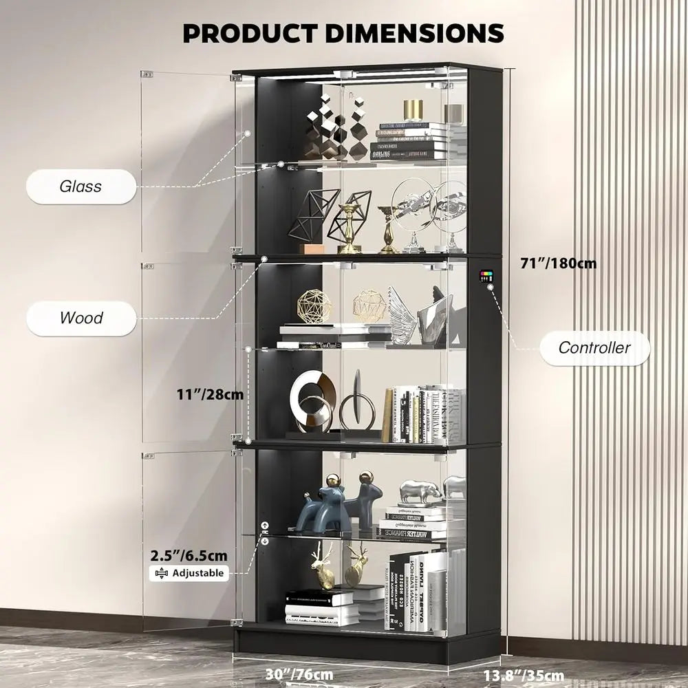 6-Tier 71 Tall Glass Curio Cabinet with RGB Lights, Adjustable Shelves, Sensor Lighting, and Mirror Backing