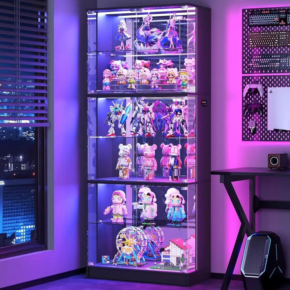 6-Tier 71 Tall Glass Curio Cabinet with RGB Lights, Adjustable Shelves, Sensor Lighting, and Mirror Backing