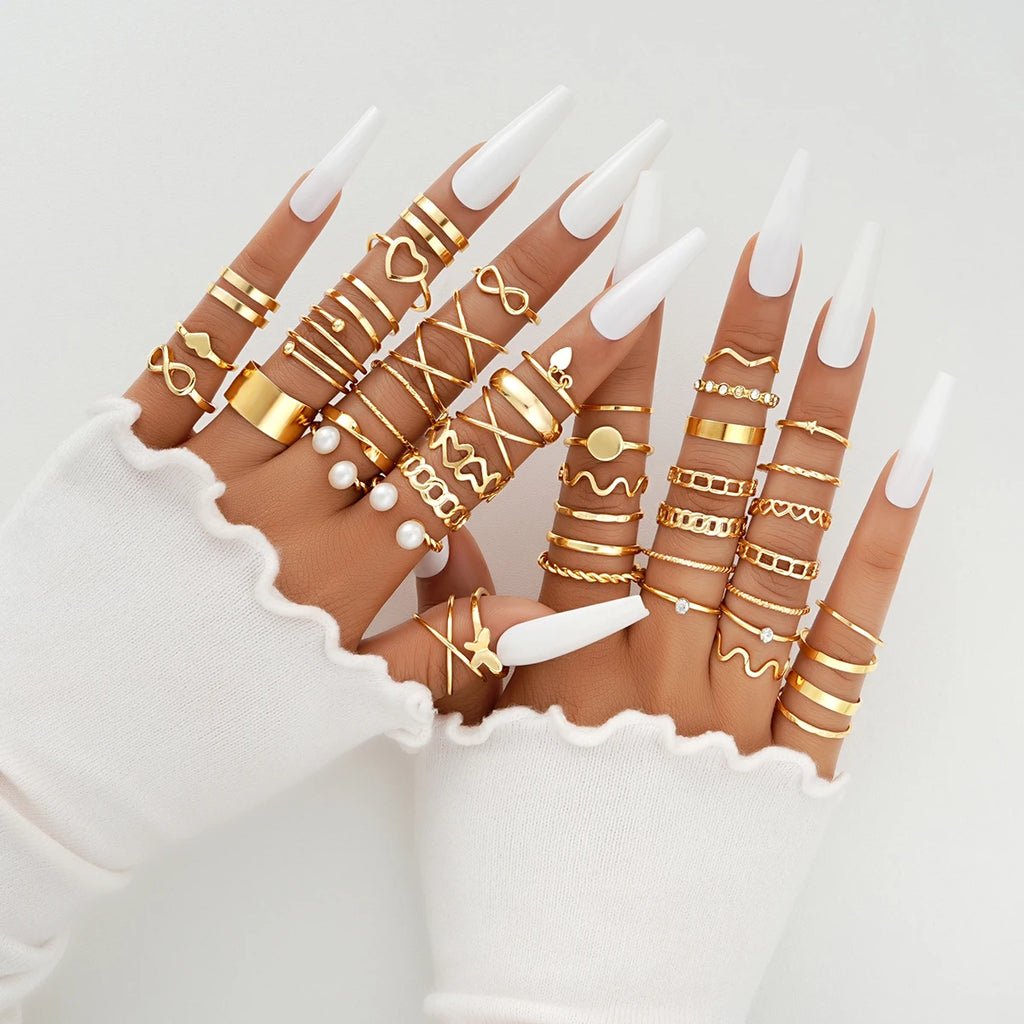 58PCS Vintage Heart Snake Butterfly Rings Set for Women Fashion Metal Gold Plated Geometric Hollow Finger Ring Jewelry Gifts New