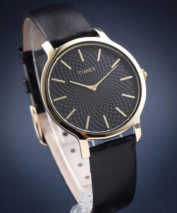 Timex Women's Black Leather Watch, Gold Case | Tw2r36400-4