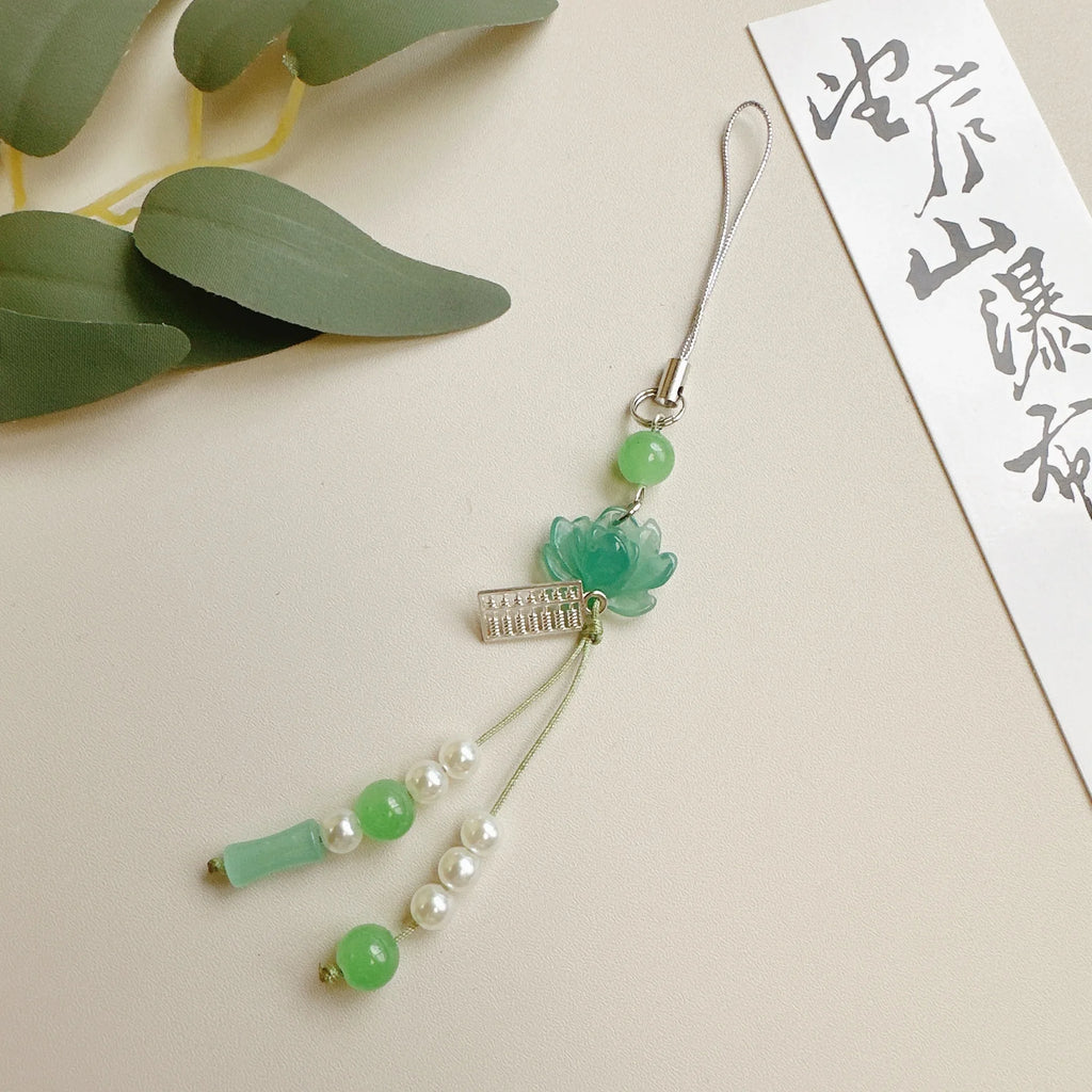 New Chinese-style Handmade Beaded Lotus Pendant Key Chains Mobile Phone Chain for Women Men Ethnic Charm Jewelry Accessory Gift