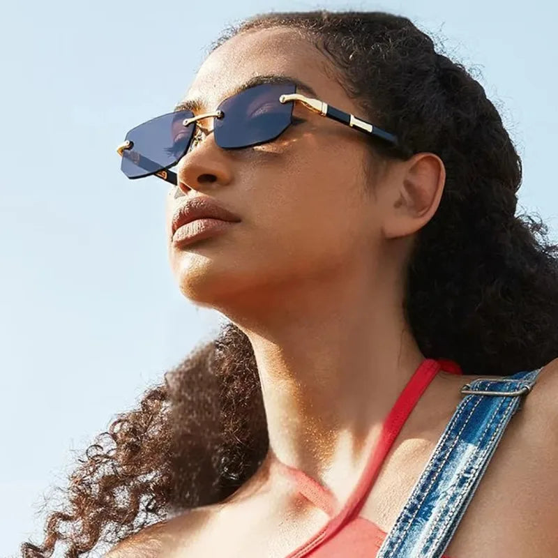 Rimless Rectangle Sunglasses, UV400 Protection Y2K Frameless Sun Glasses, Retro Eyewear for Women & Men