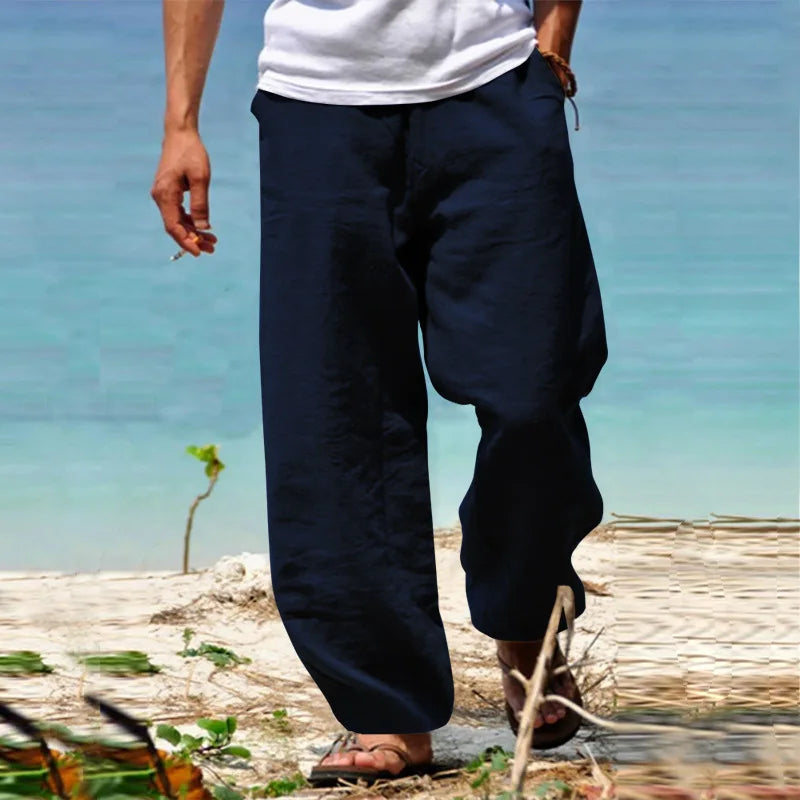 2024 New Men's Cotton Linen Pants Loose Autum Casual Pants Male Breathable Solid Color Drawstring Jogger Yoga Long Trousers