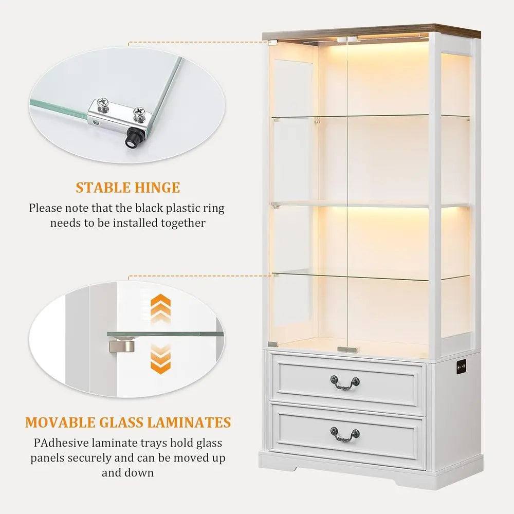 67 Glass Door Adjustable Shelving Display Cabinet with 2 Drawers, 4 Tiers, LED Lights & Motion Sensor, White