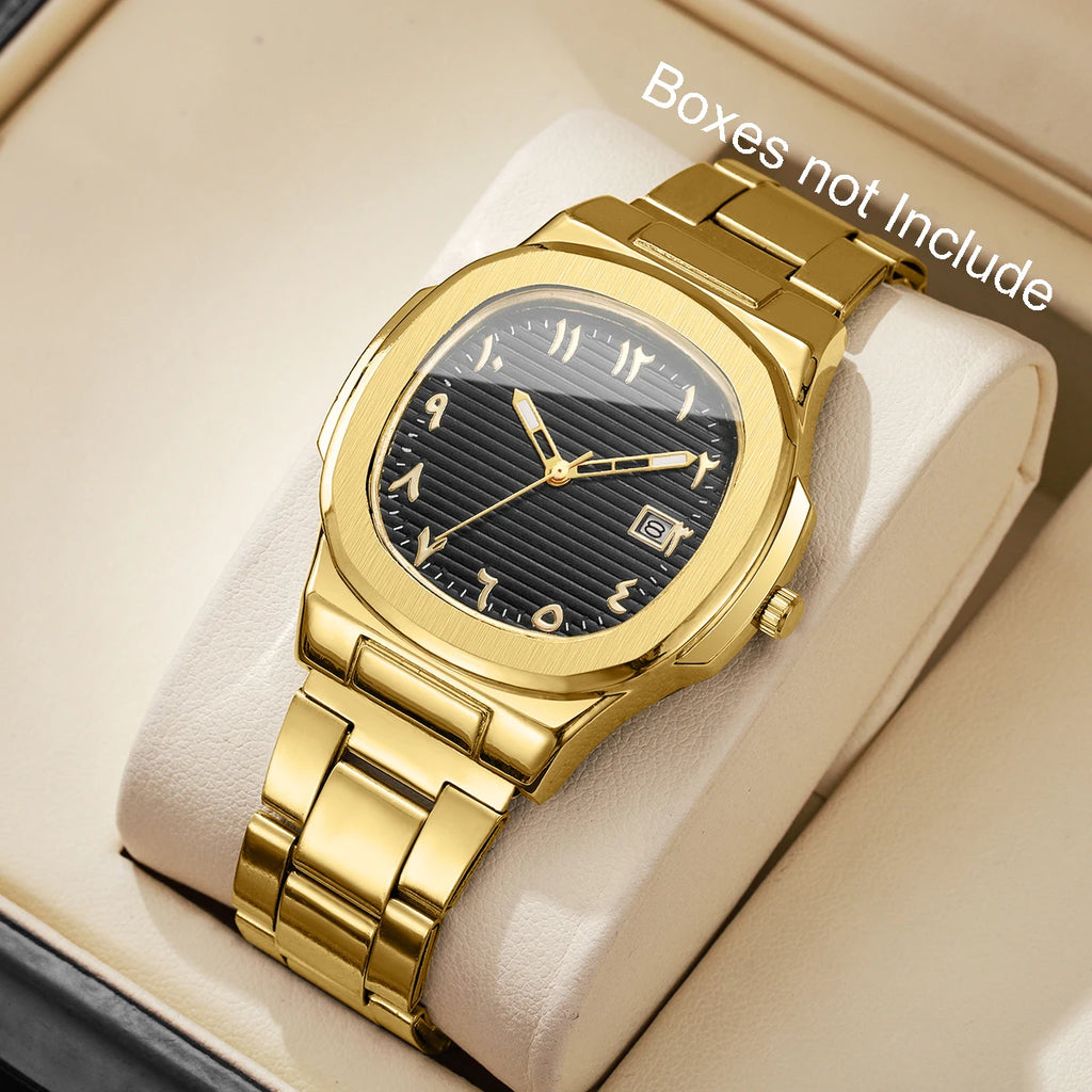 Luxury Men Business Watches Fashion Square Dial Stainless Steel Strap Quartz Watch with Calendar For Mens Clock（Without Box）