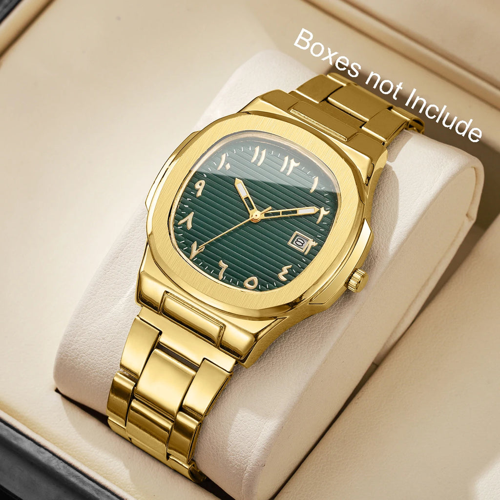 Luxury Men Business Watches Fashion Square Dial Stainless Steel Strap Quartz Watch with Calendar For Mens Clock（Without Box）