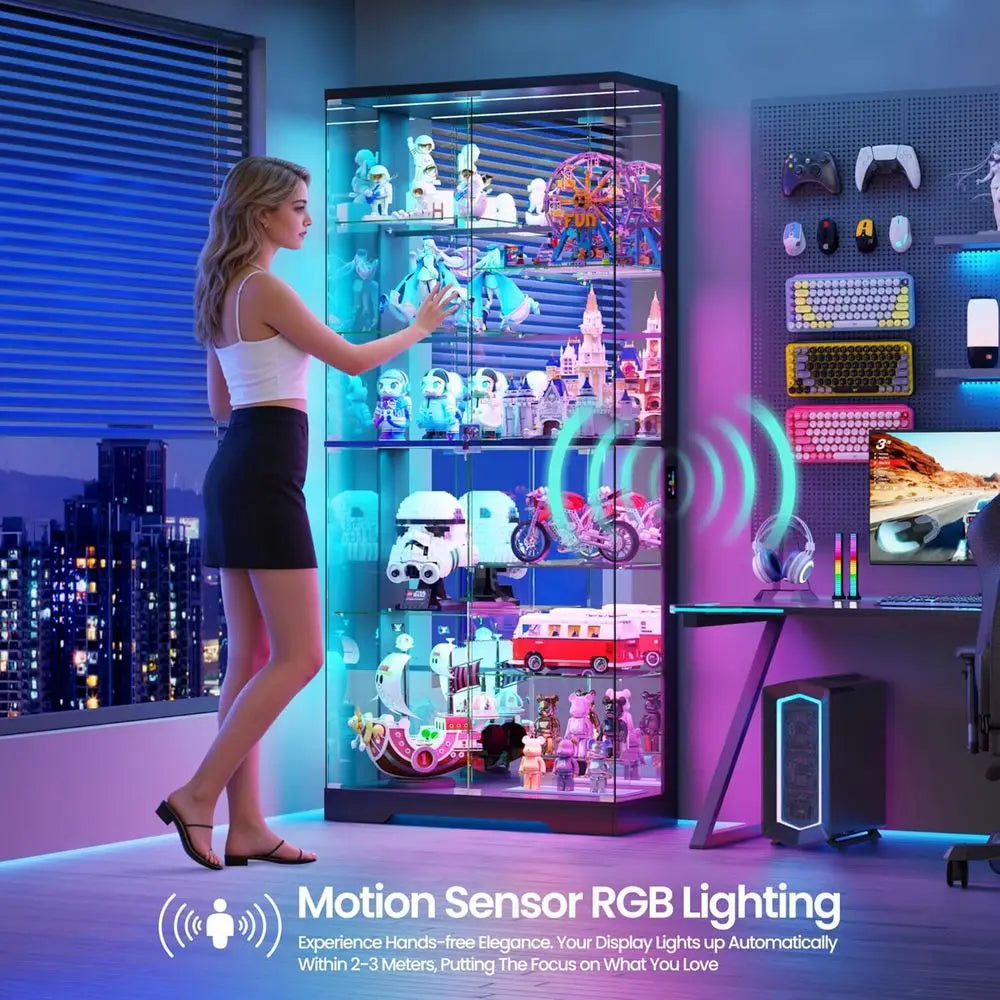 10-Tier Lockable Glass Display Cabinet with Motion Sensor RGB Lights, 71H Showcase for Collectibles, Black