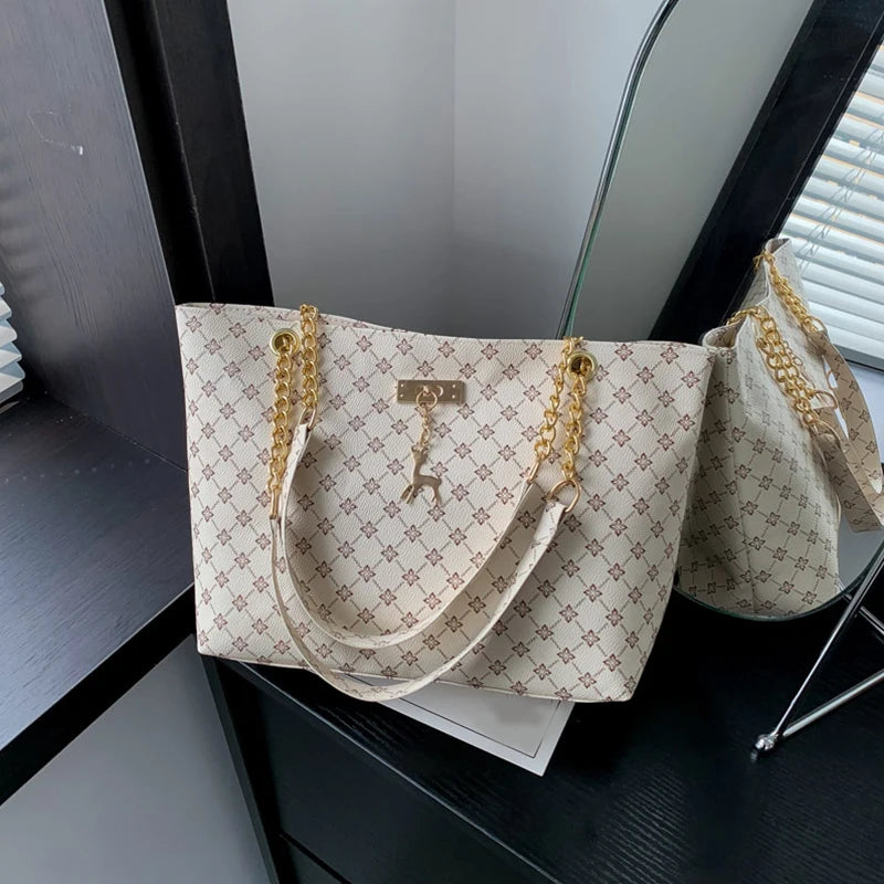 Women's Large Capacity Fashion Tote Bag Luxury Design Handbag Trendy Shoulder Purse with Printing Pattern for Shopping