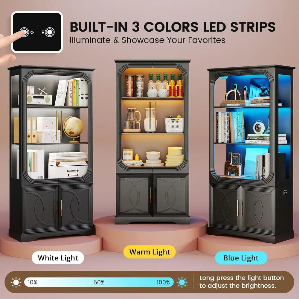 69 Tall Glass Display Cabinet with LED Lights, Storage and Pantry Solutions for Home Office | Black