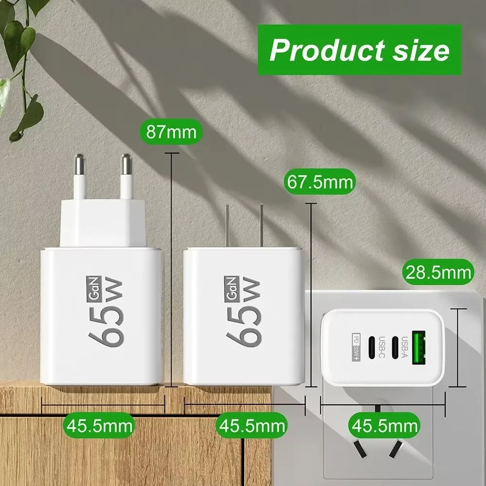 Total 65W USB GaN Charger Quick Charge Mobile Phone Adapter For iPhone Samsung Xiaomi Huawei QC3.0 USB Type C Wall Quick Charger
