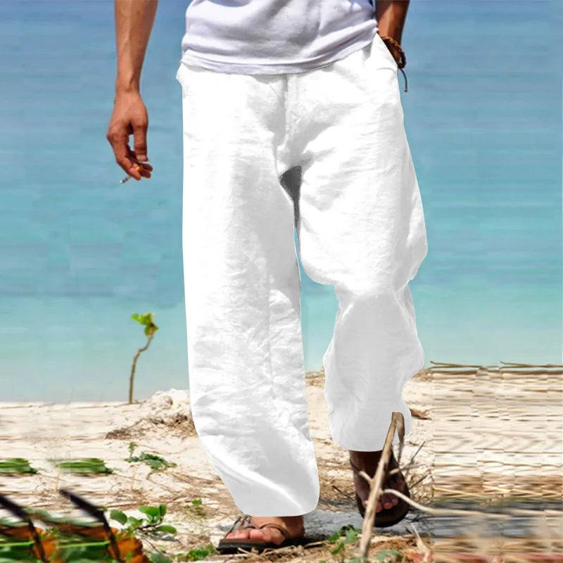 2024 New Men's Cotton Linen Pants Loose Autum Casual Pants Male Breathable Solid Color Drawstring Jogger Yoga Long Trousers
